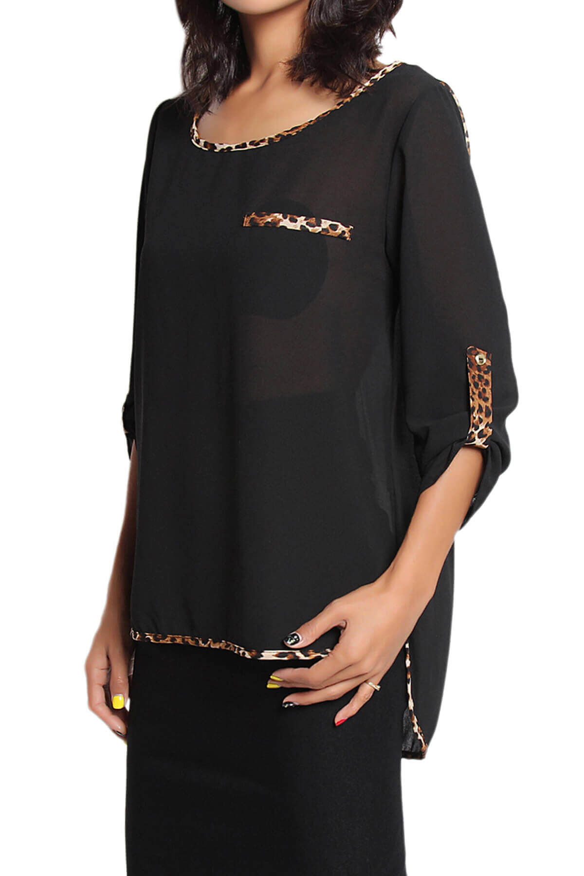 Flores Leopard Accent Boat Neck Chiffon Top BLACK_3