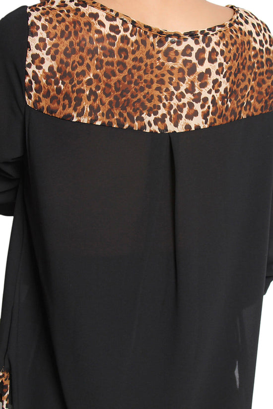 Flores Leopard Accent Boat Neck Chiffon Top BLACK_5