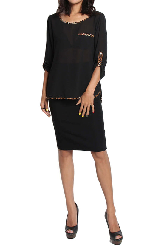 Flores Leopard Accent Boat Neck Chiffon Top BLACK_6