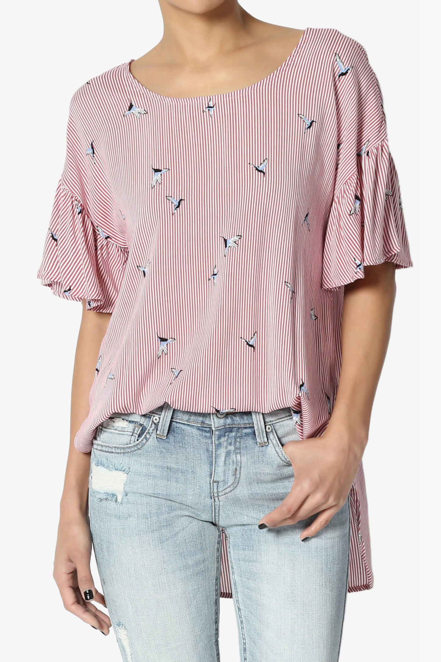 Zuma Striped Ruffle Sleeve Top RED_1