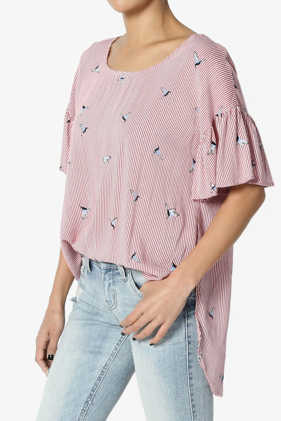 Zuma Striped Ruffle Sleeve Top RED_3