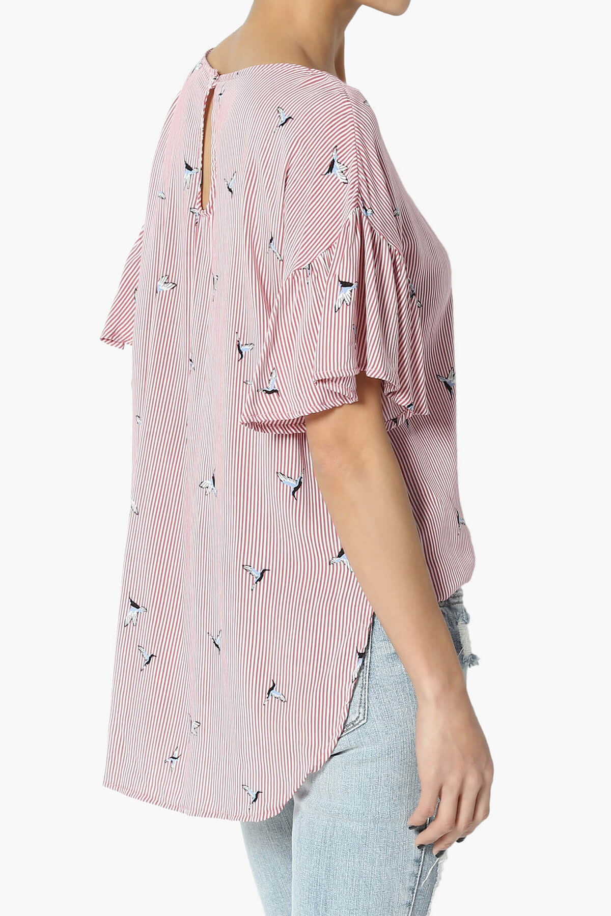 Zuma Striped Ruffle Sleeve Top RED_4