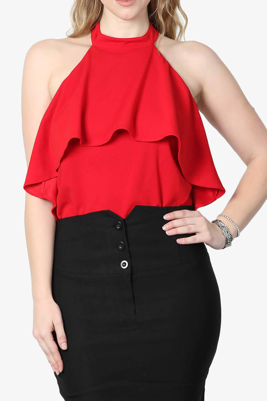 Raquel Ruffle Halter Bodysuit Top RED_1