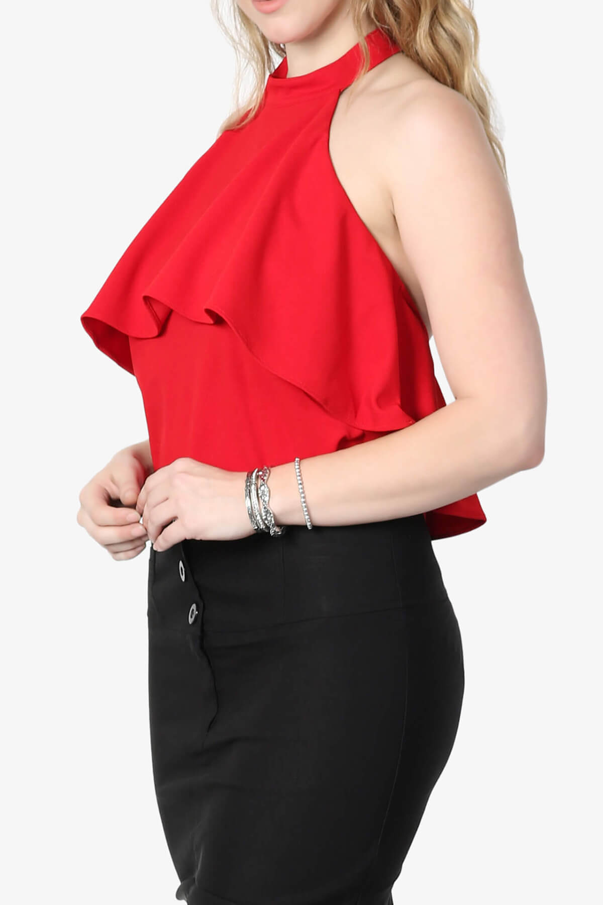 Raquel Ruffle Halter Bodysuit Top RED_3