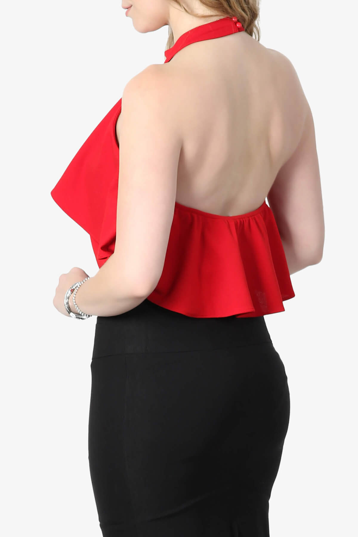 Raquel Ruffle Halter Bodysuit Top RED_4