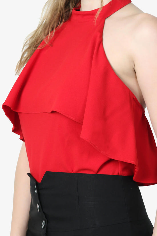 Raquel Ruffle Halter Bodysuit Top RED_5