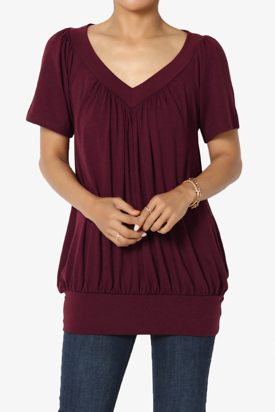 Rezume Shirred V-Neck Blouson Top DARK BURGUNDY_1