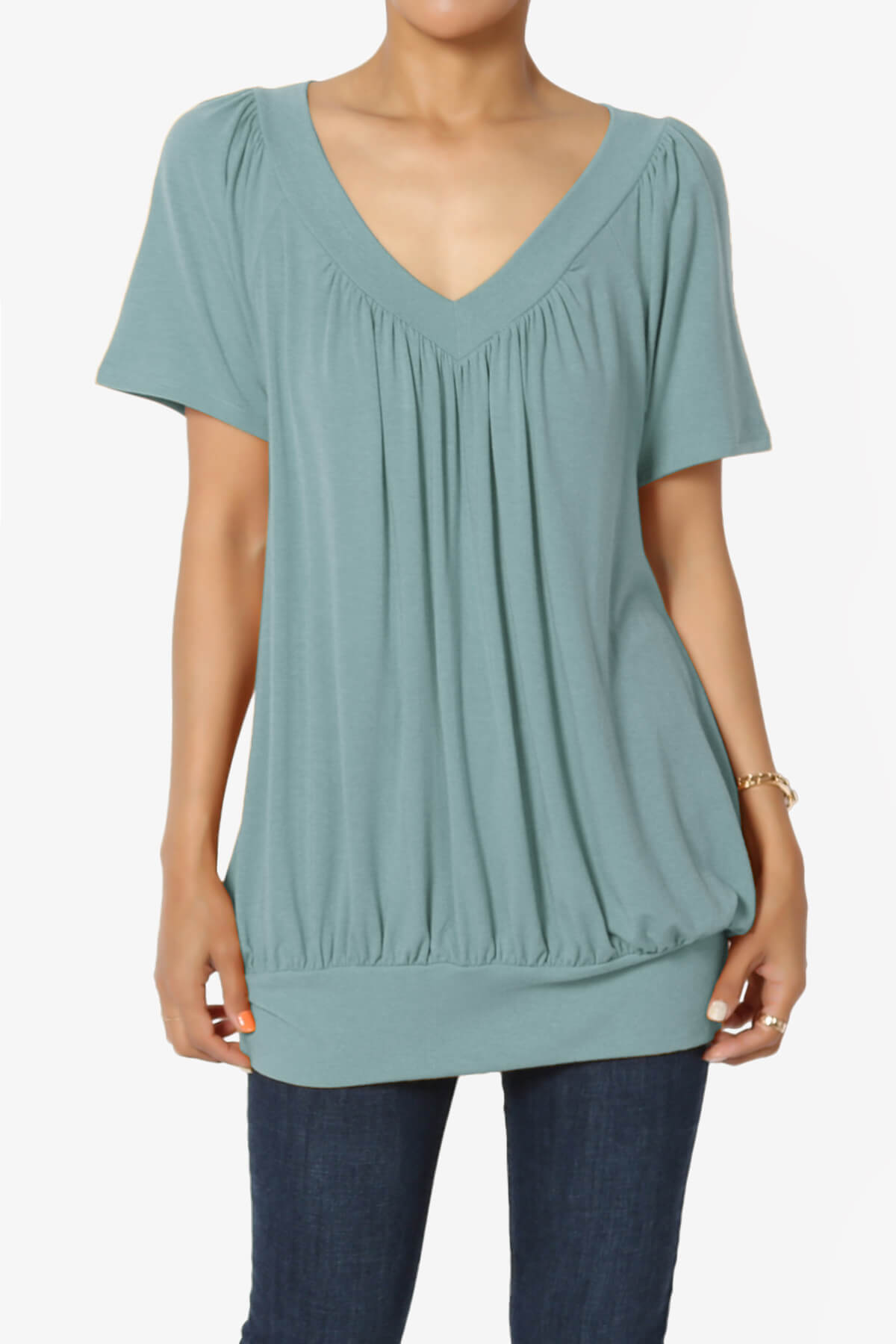 Rezume Shirred V-Neck Blouson Top DUSTY BLUE_1