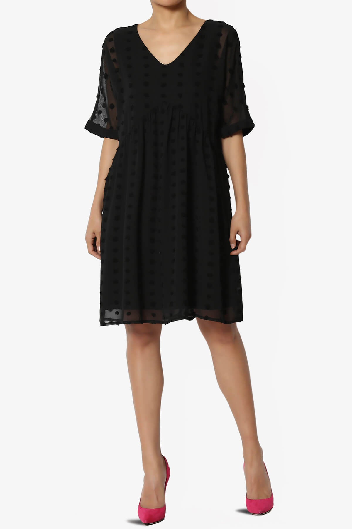 Sandra Swiss Dot Short Sleeve Babydoll Dress BLACK_6