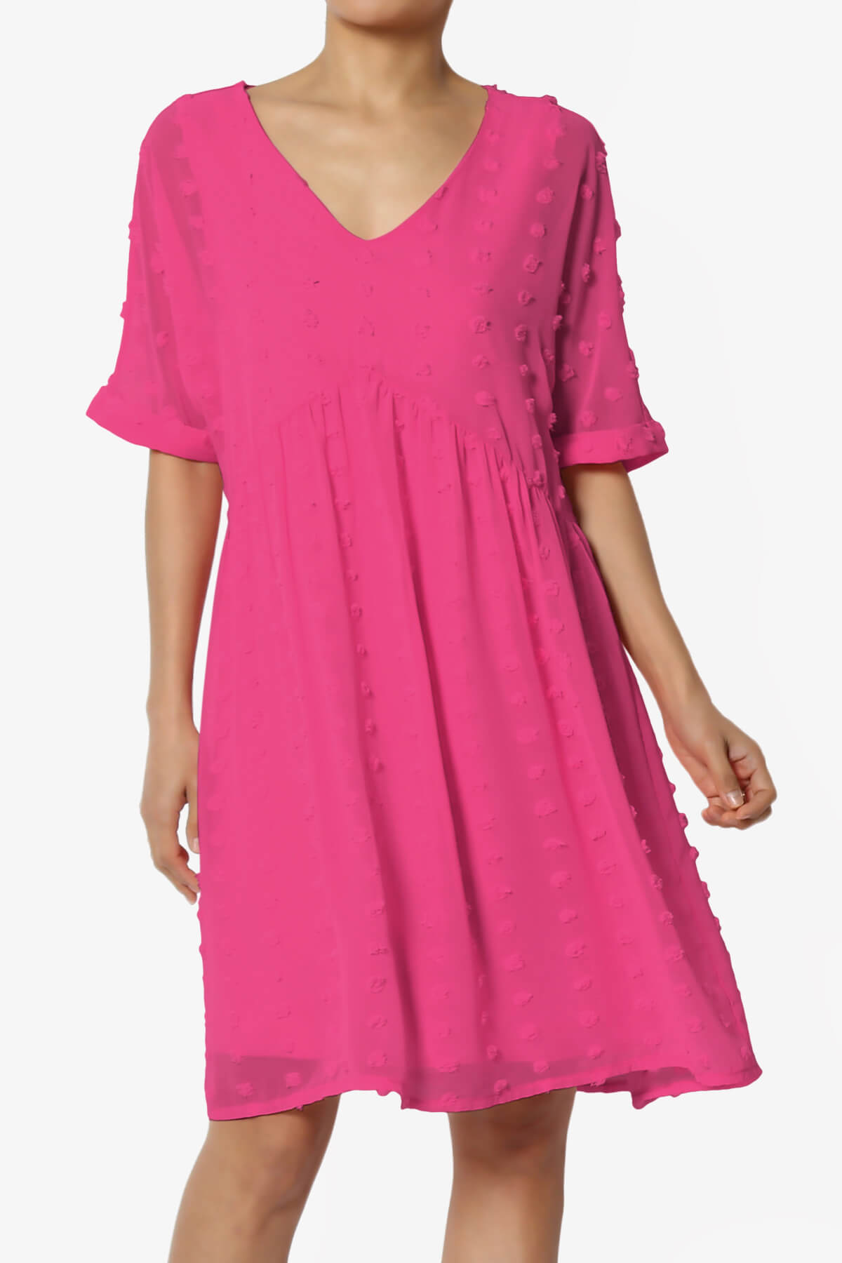 Sandra Swiss Dot Short Sleeve Babydoll Dress HOT PINK_1