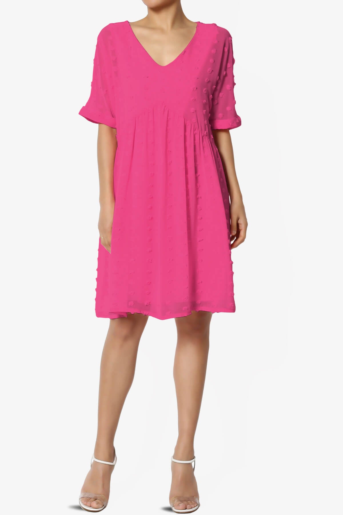 Sandra Swiss Dot Short Sleeve Babydoll Dress HOT PINK_6