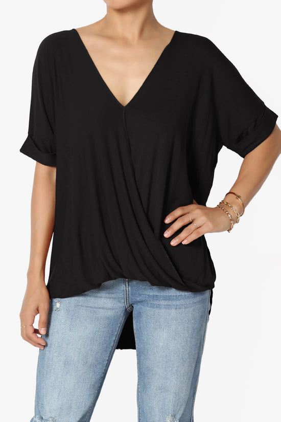 Tackle Wrap Hi-Low Crepe Knit Top BLACK_1