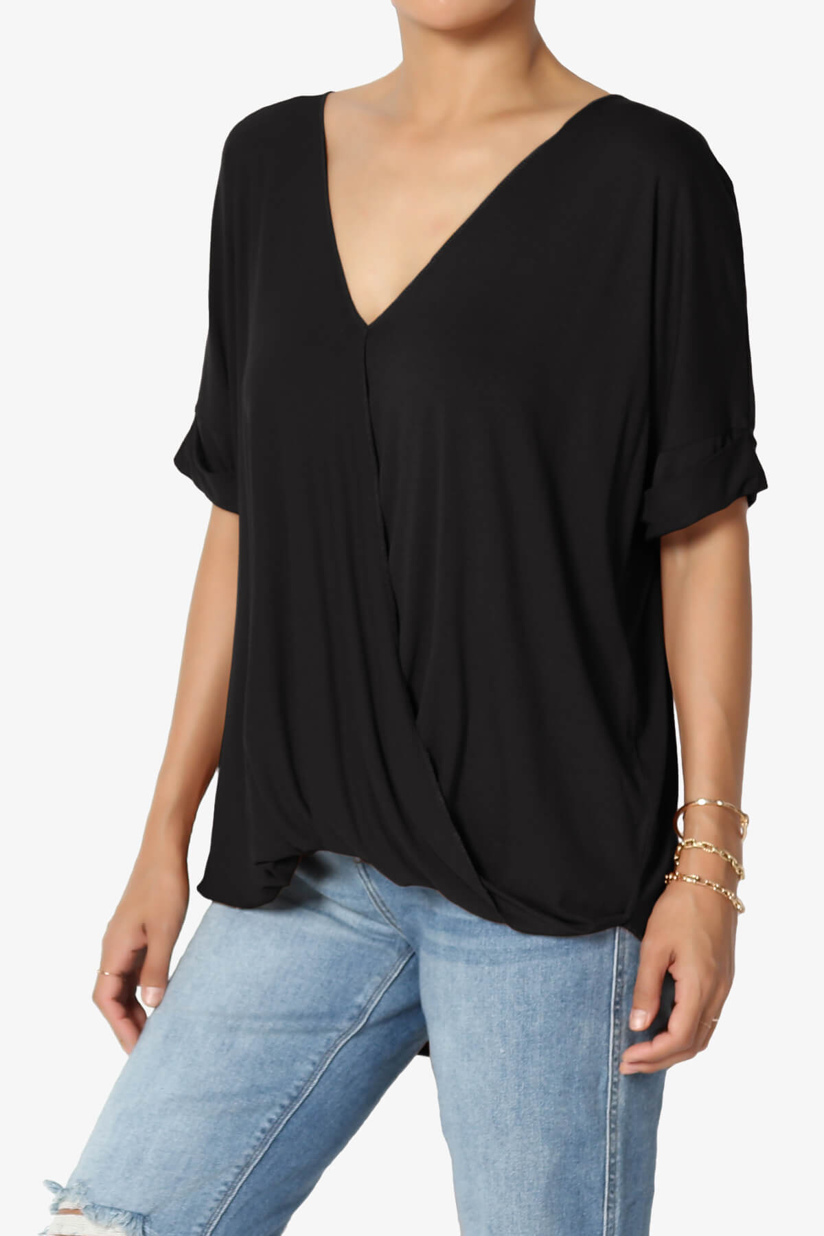 Tackle Wrap Hi-Low Crepe Knit Top BLACK_3