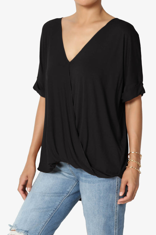 Tackle Wrap Hi-Low Crepe Knit Top BLACK_3