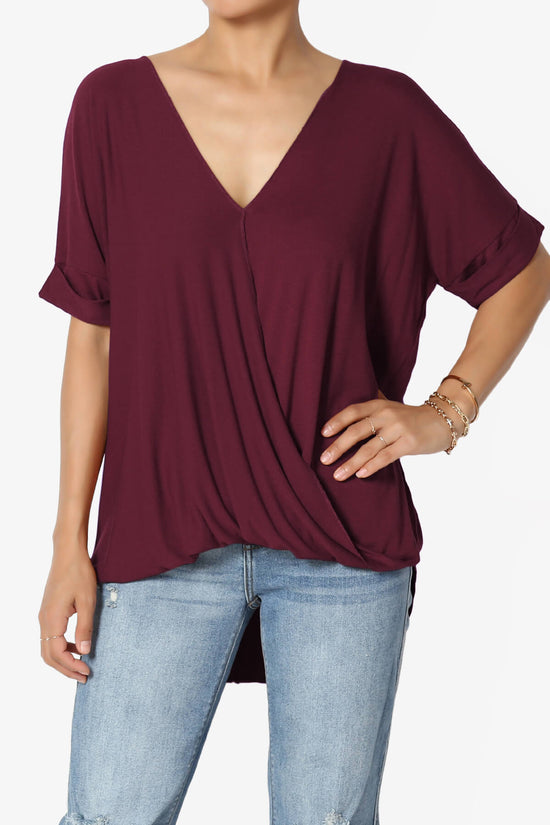 Tackle Wrap Hi-Low Crepe Knit Top DARK BURGUNDY_1