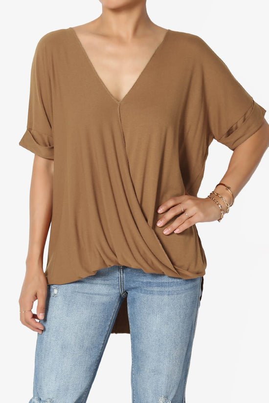 Tackle Wrap Hi-Low Crepe Knit Top DEEP CAMEL_1