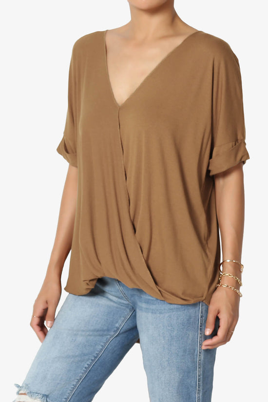Tackle Wrap Hi-Low Crepe Knit Top DEEP CAMEL_3