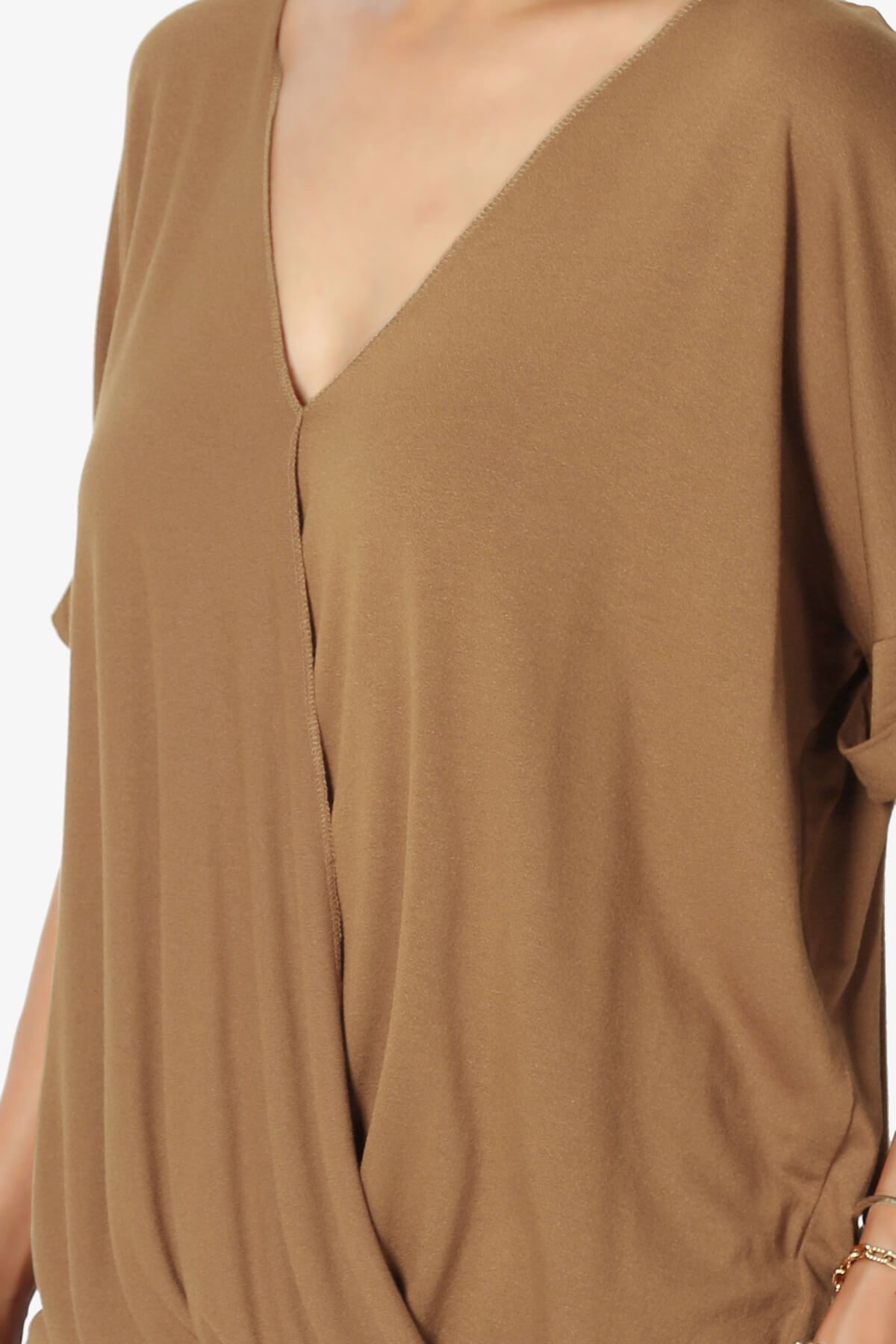 Tackle Wrap Hi-Low Crepe Knit Top DEEP CAMEL_5