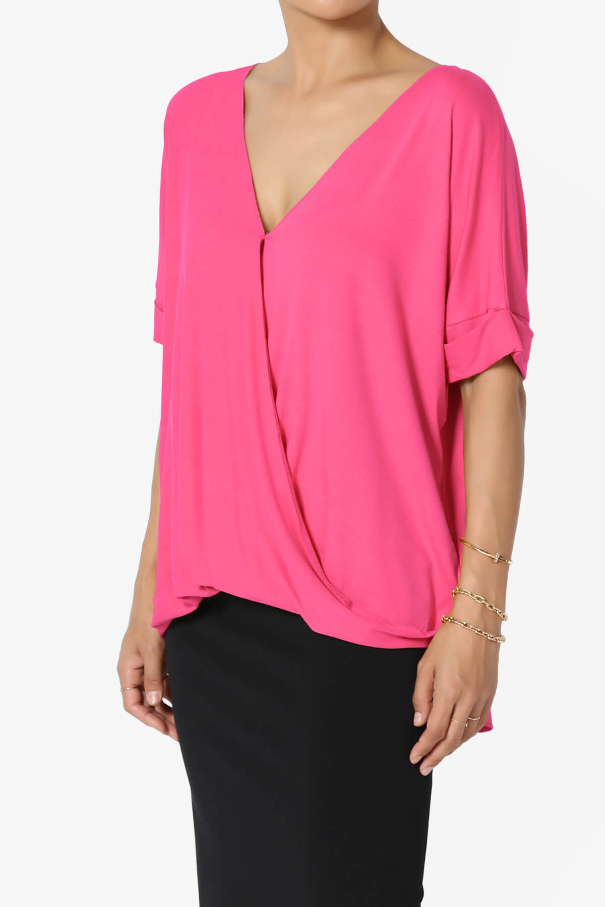 Tackle Wrap Hi-Low Crepe Knit Top FUCHSIA_3