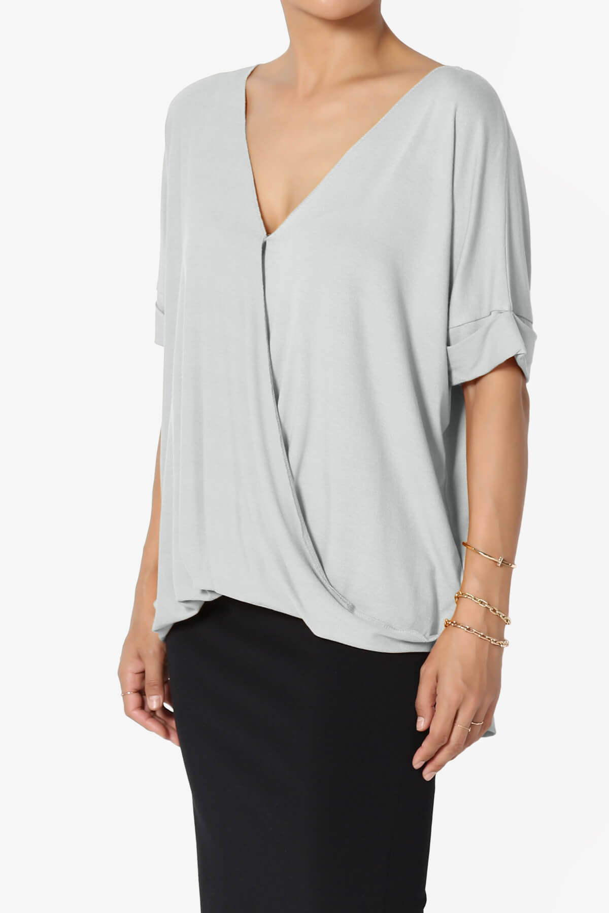 Tackle Wrap Hi-Low Crepe Knit Top LIGHT GREY_3