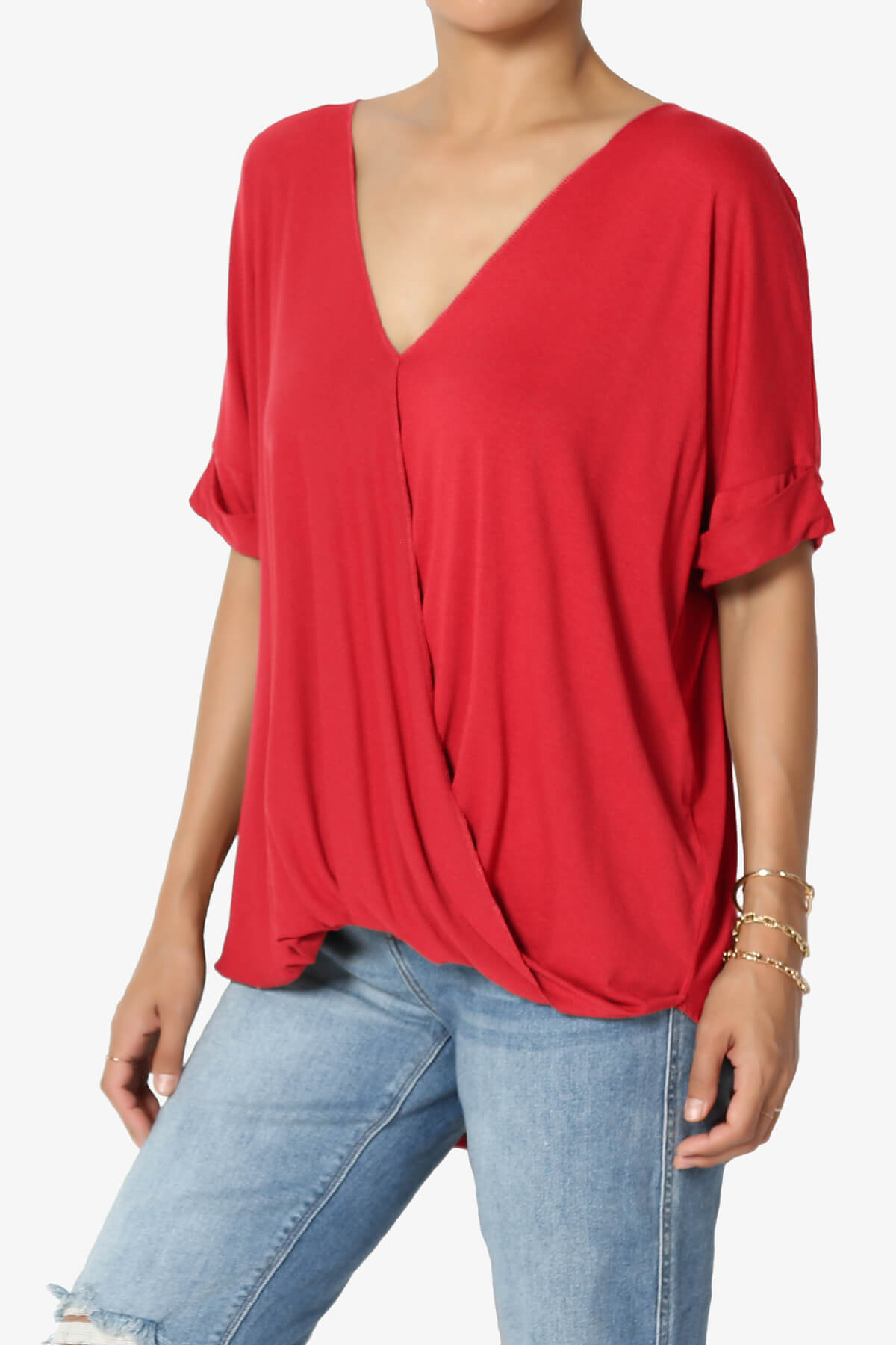 Tackle Wrap Hi-Low Crepe Knit Top RED_3
