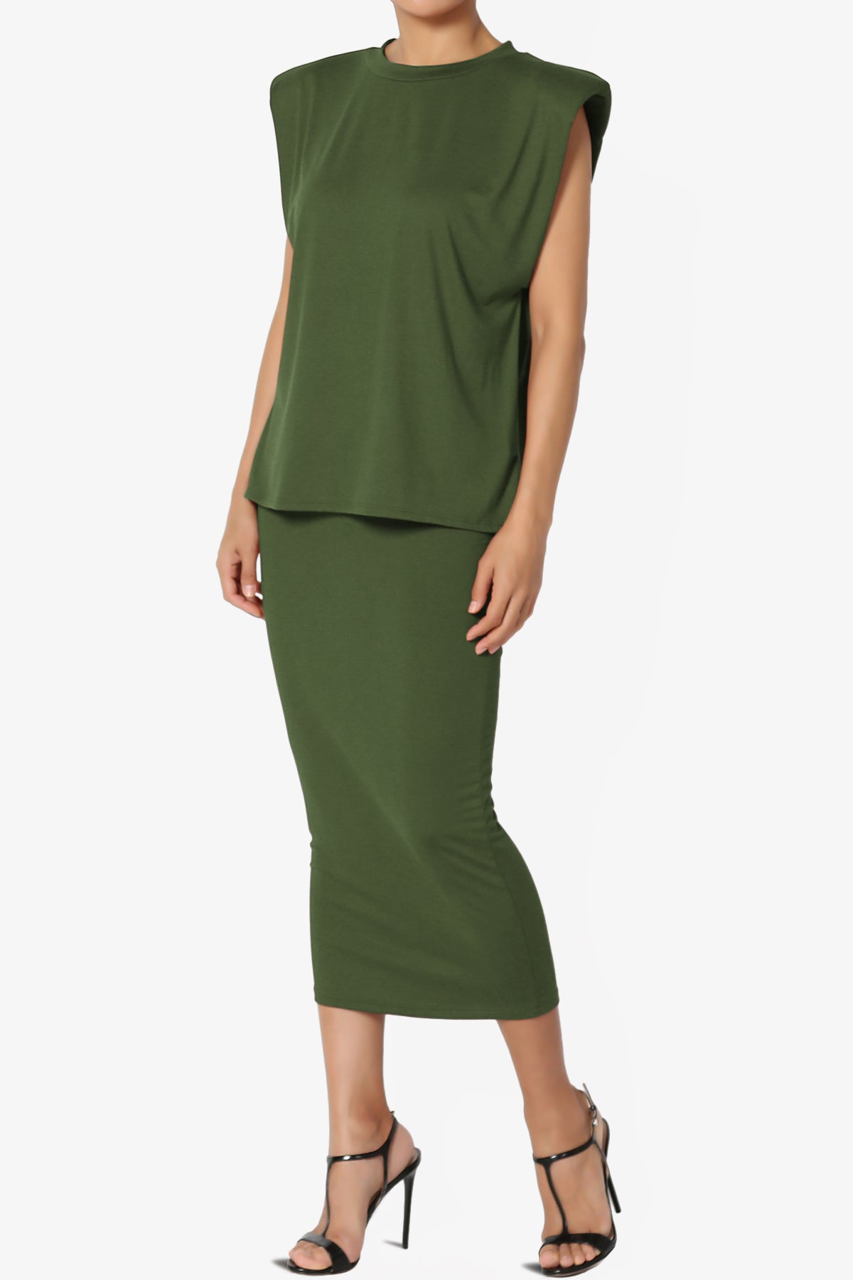 Joey Padded Shoulder Tank Top & Midi Pencil Skirt SET