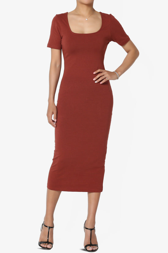 Fontella Short Sleeve Square Neck Bodycon Dress DARK RUST_1