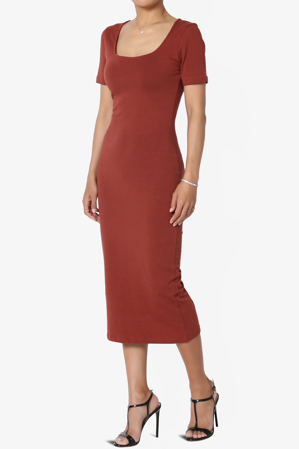 Fontella Short Sleeve Square Neck Bodycon Dress DARK RUST_3