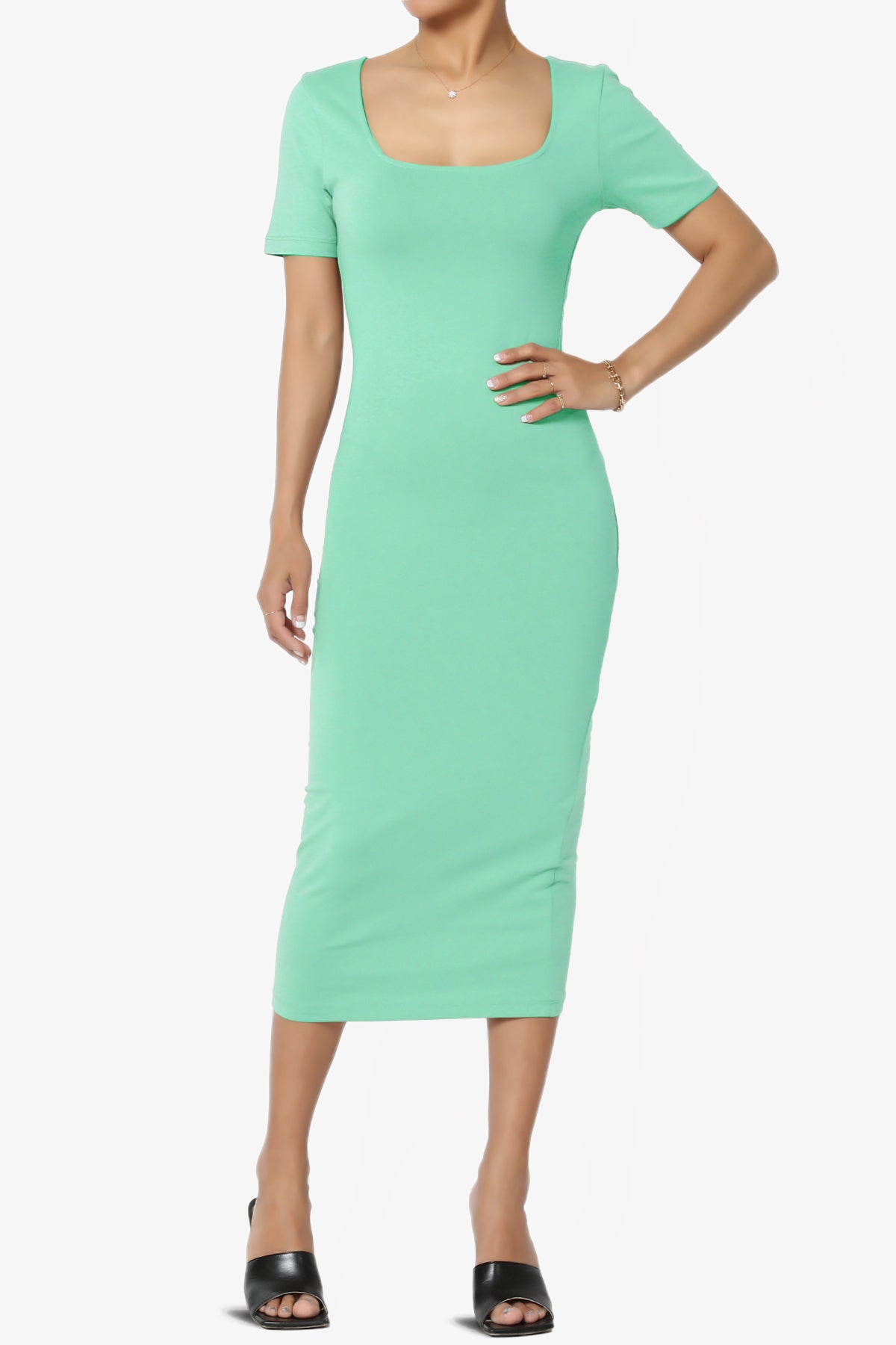 Fontella Short Sleeve Square Neck Bodycon Dress MINT_1