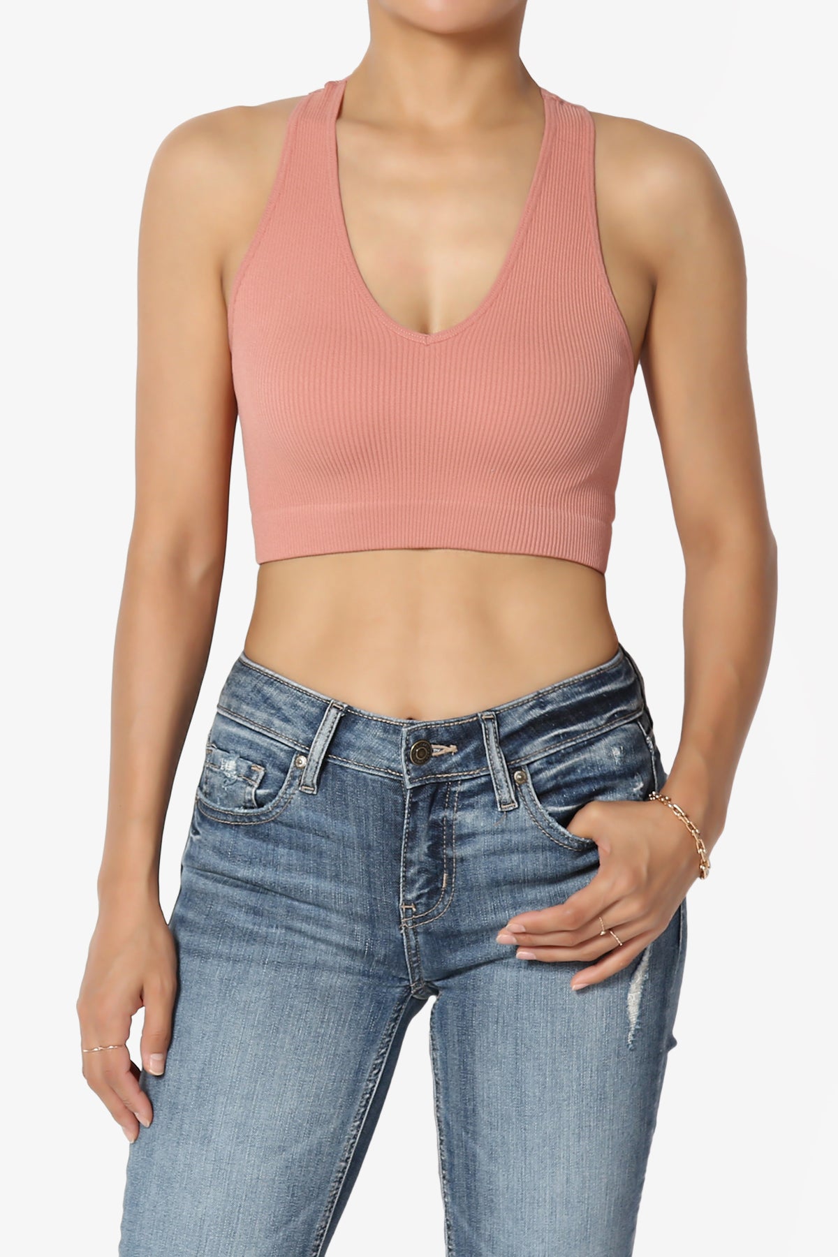 Daliyah Ribbed Seamless Halter Bra Top ASH ROSE_1