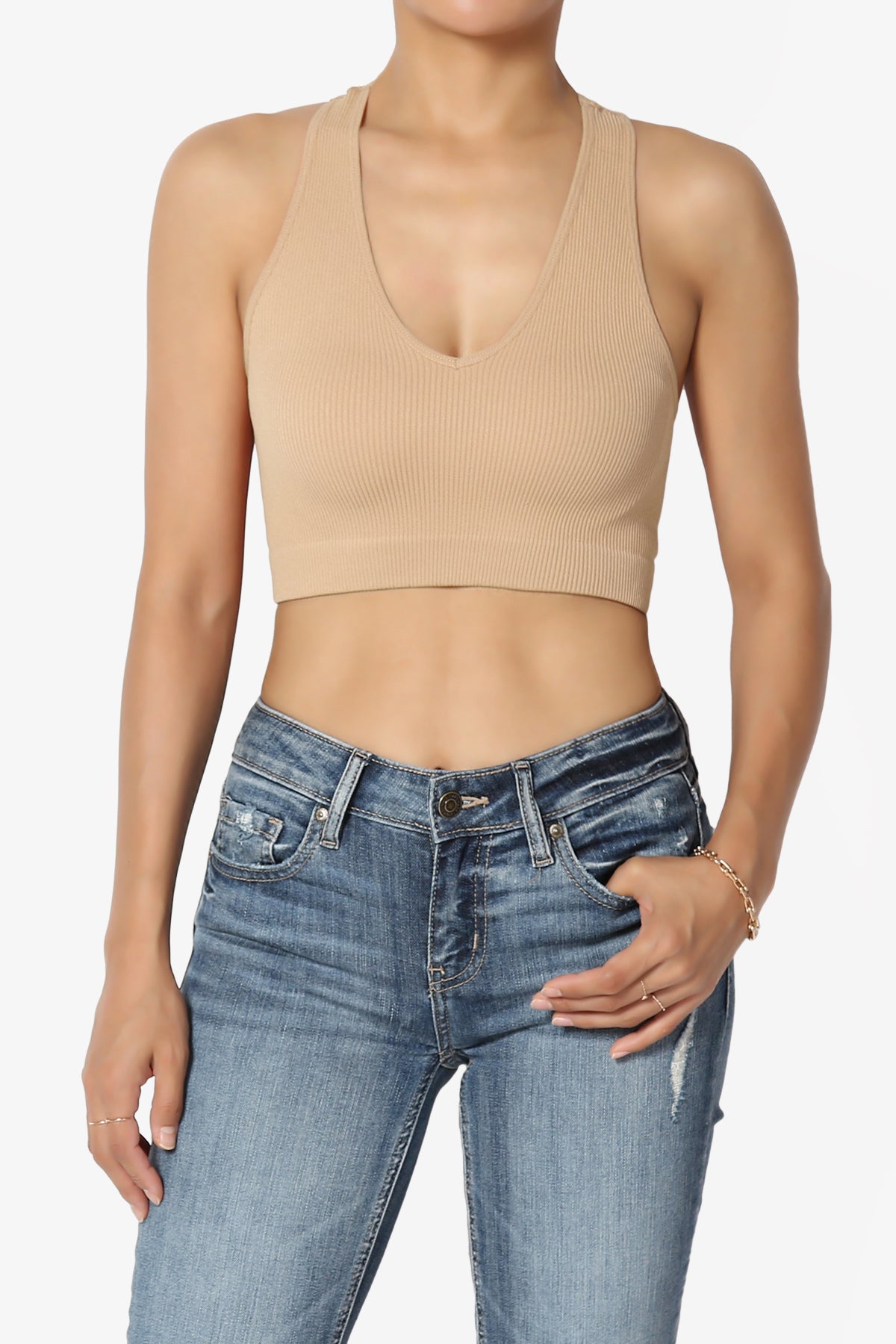 Daliyah Ribbed Seamless Halter Bra Top CAMEL_1