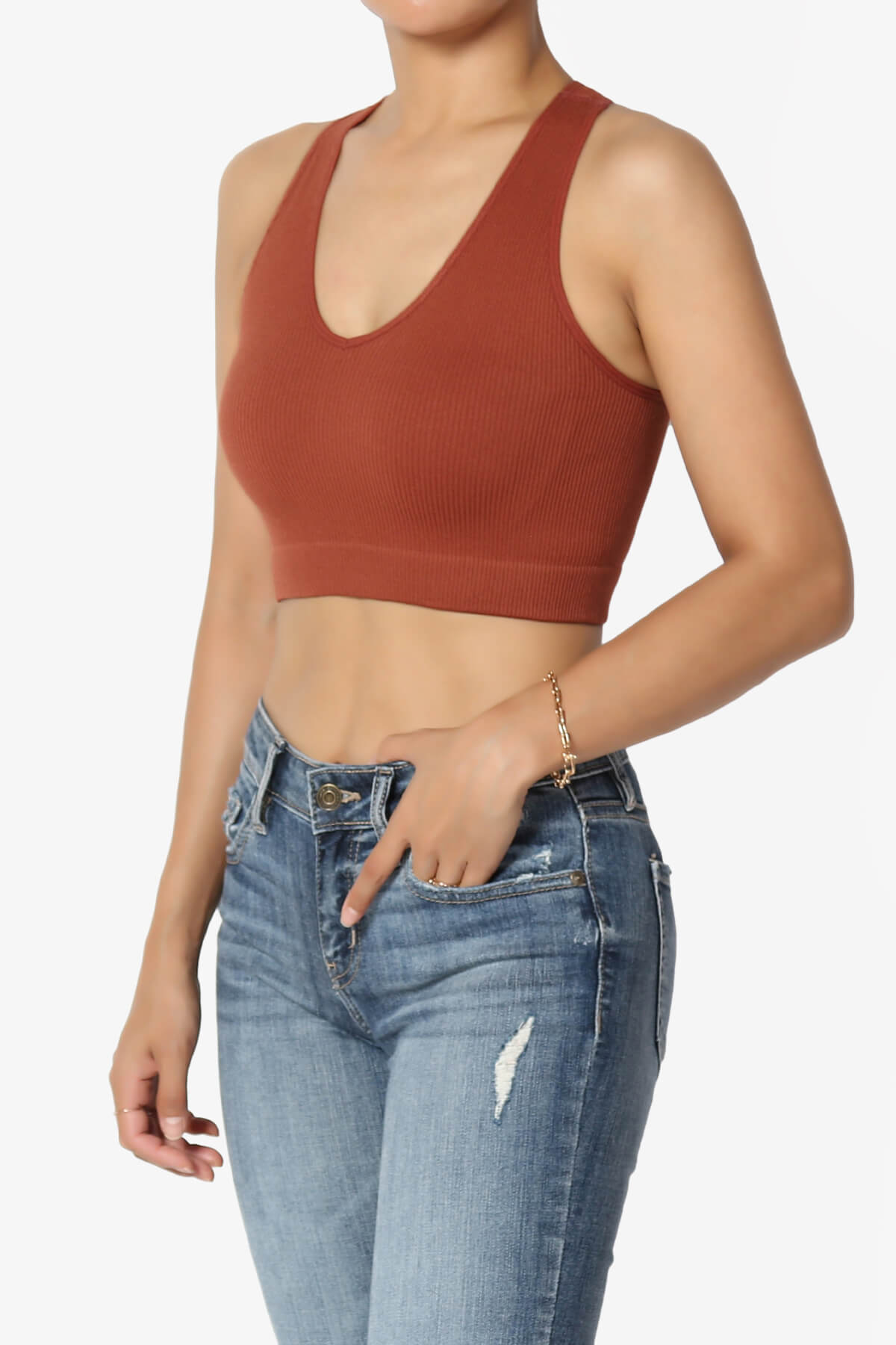 Daliyah Ribbed Seamless Halter Bra Top DARK RUST_3