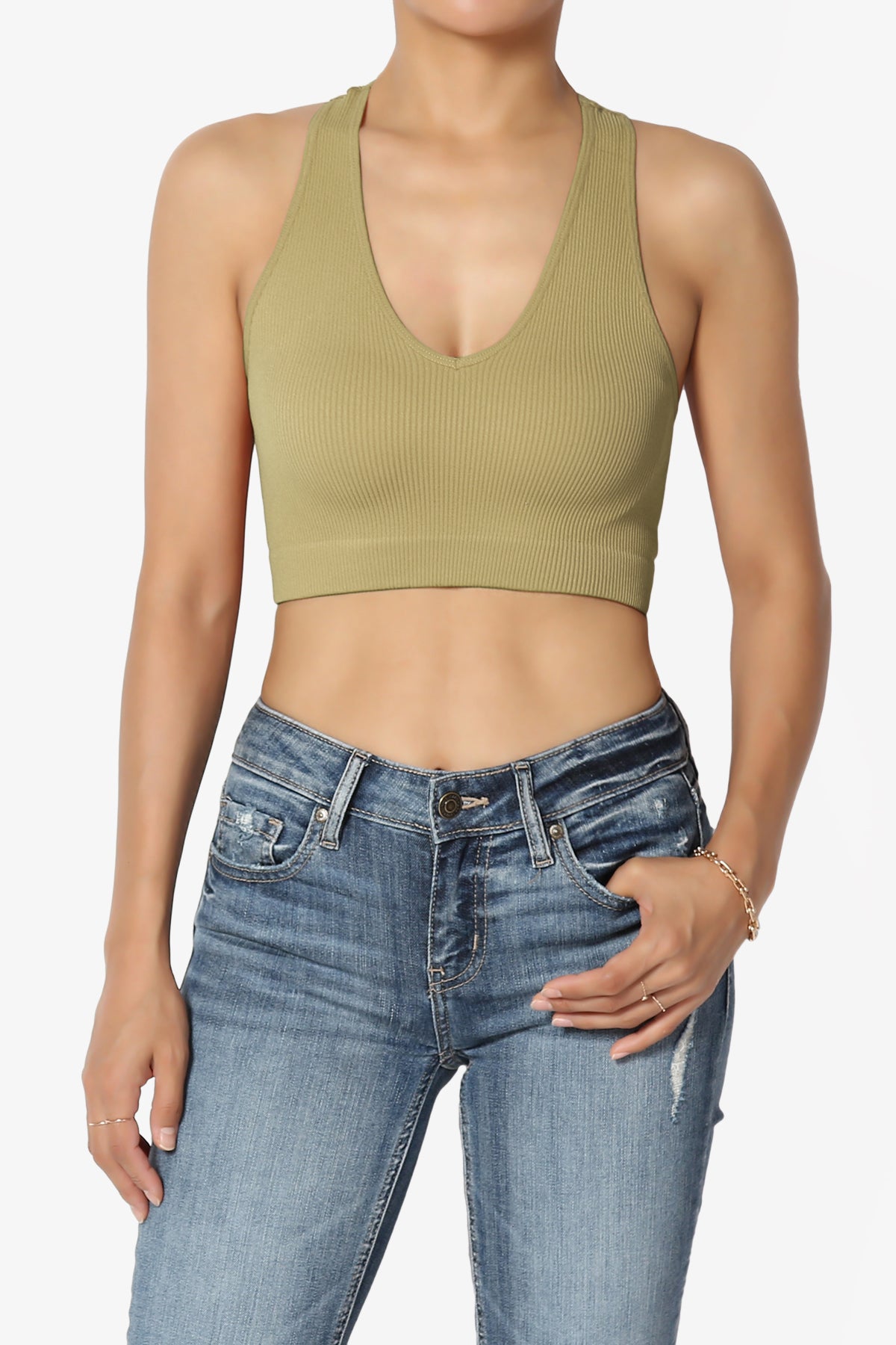 Daliyah Ribbed Seamless Halter Bra Top KHAKI GREEN_1