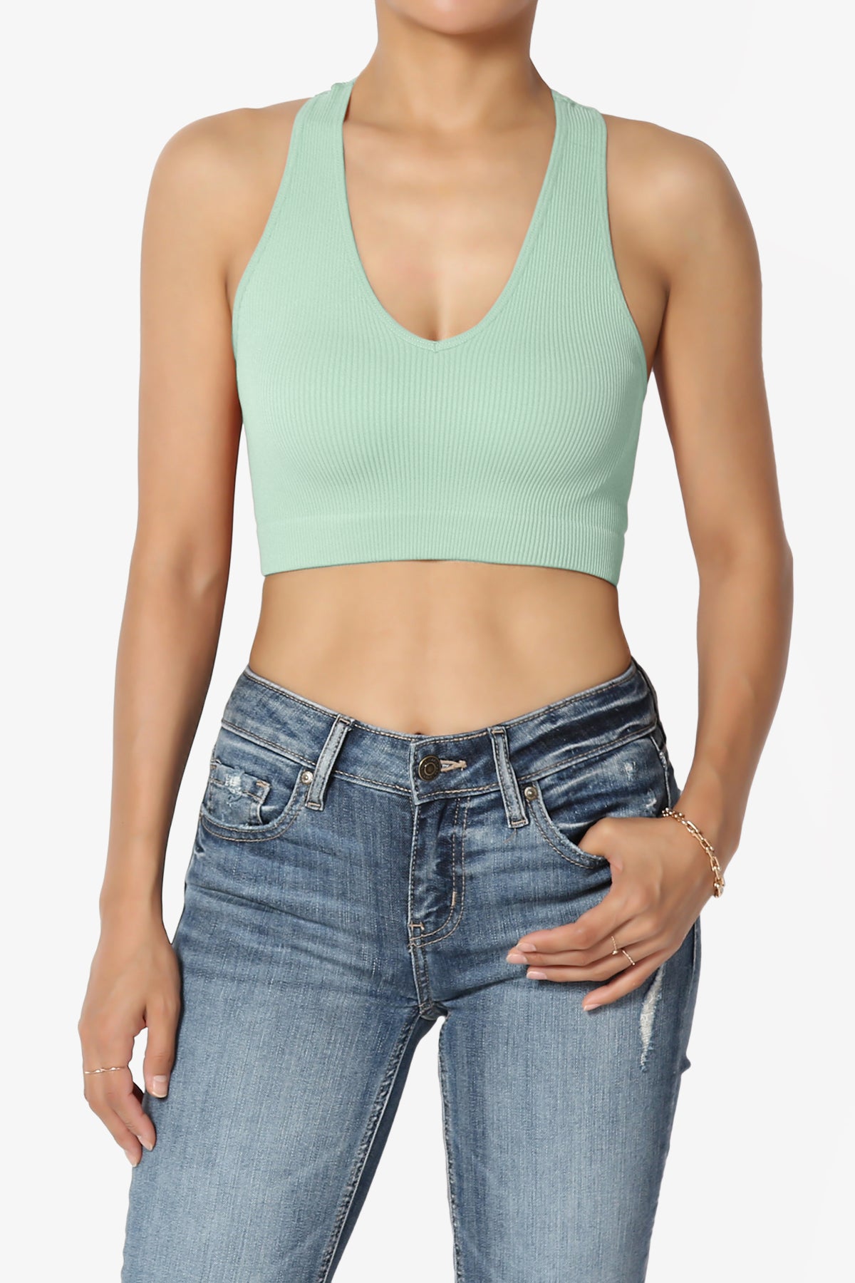 Daliyah Ribbed Seamless Halter Bra Top LIGHT GREEN_1
