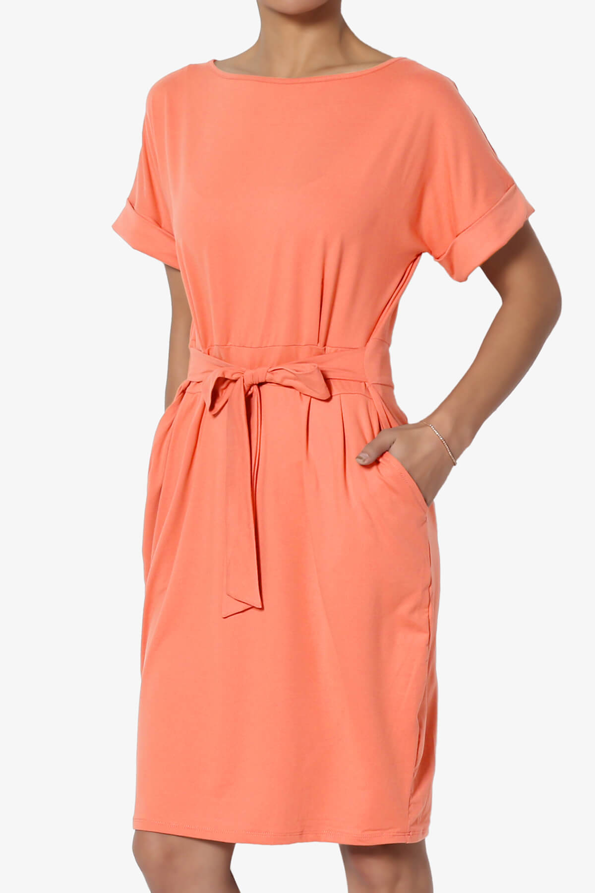 Pennie Tie Waist DTY Jersey Dress CORAL_3