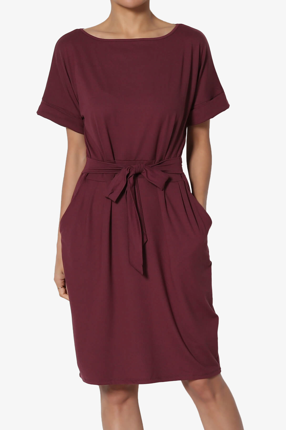 Pennie Tie Waist DTY Jersey Dress DARK BURGUNDY_1