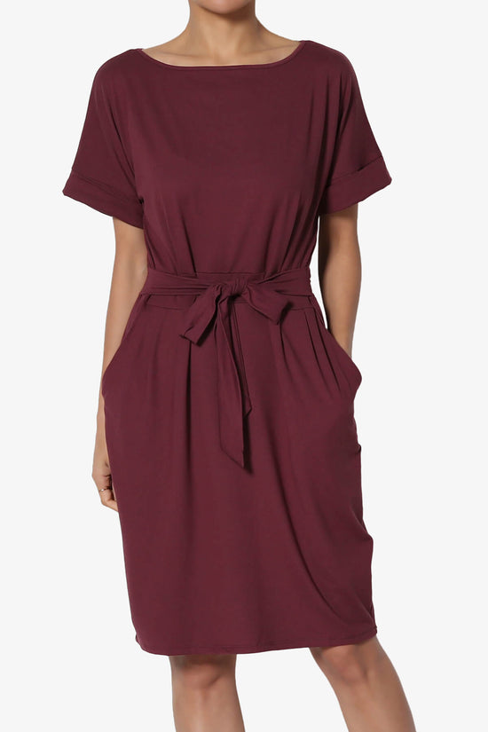 Pennie Tie Waist DTY Jersey Dress DARK BURGUNDY_1