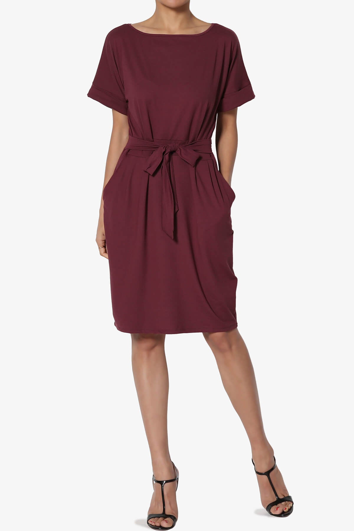 Pennie Tie Waist DTY Jersey Dress DARK BURGUNDY_6