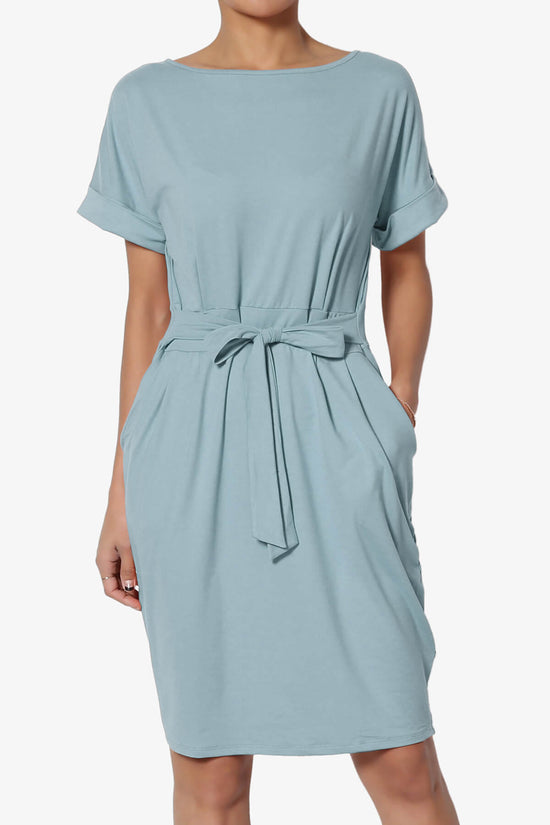 Pennie Tie Waist DTY Jersey Dress DUSTY BLUE_1