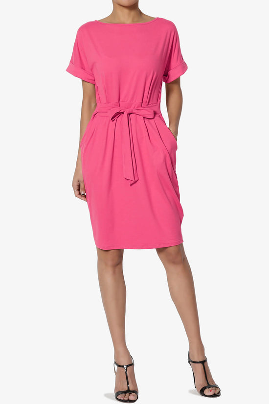 Pennie Tie Waist DTY Jersey Dress HOT PINK_6