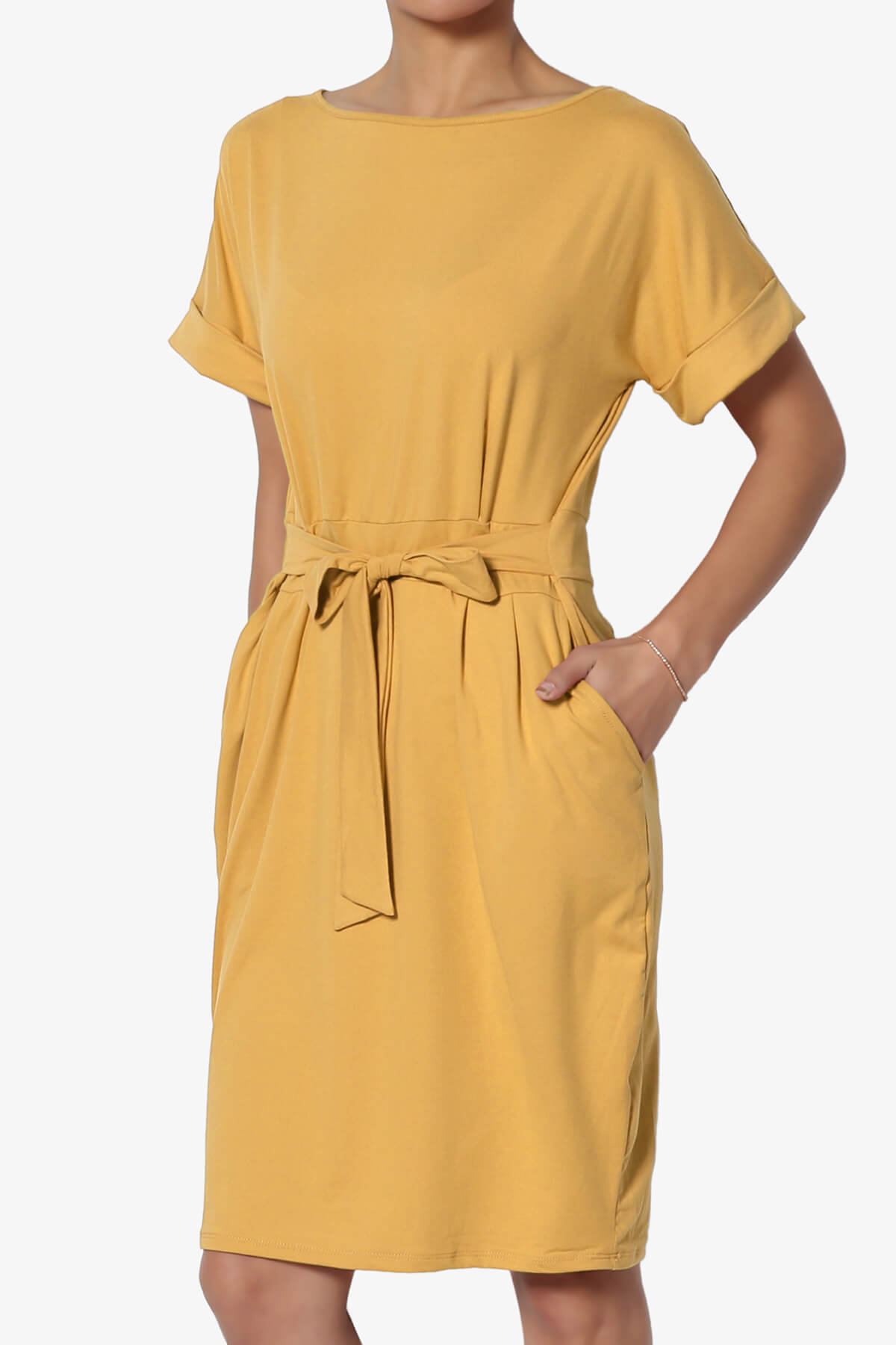 Pennie Tie Waist DTY Jersey Dress LIGHT MUSTARD_3
