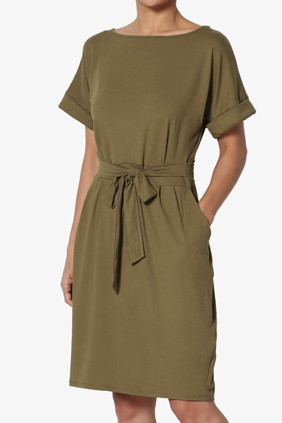 Pennie Tie Waist DTY Jersey Dress OLIVE_3