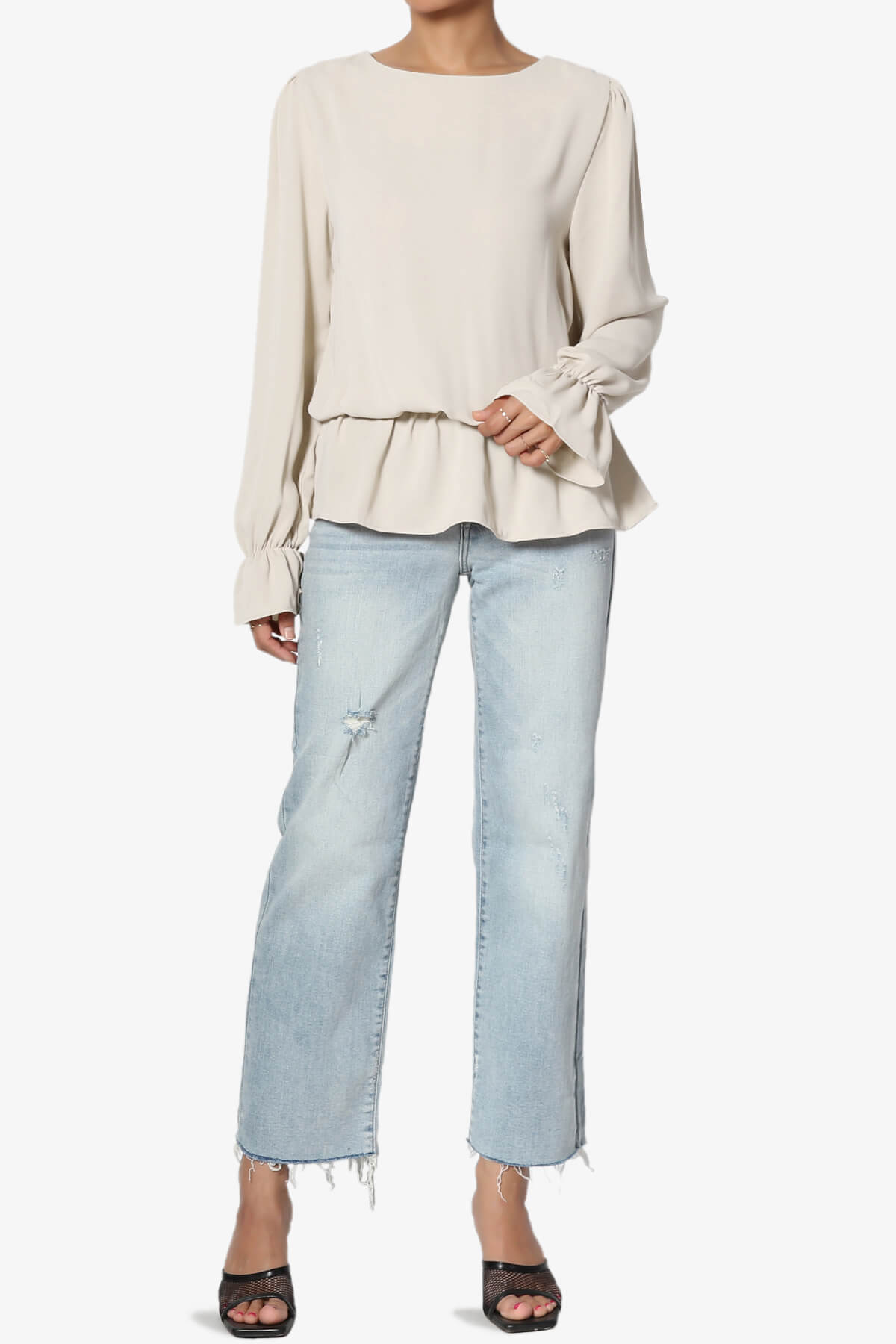 Adriel Puff Sleeve Ruffle Peplum Blouse SAND BEIGE_6