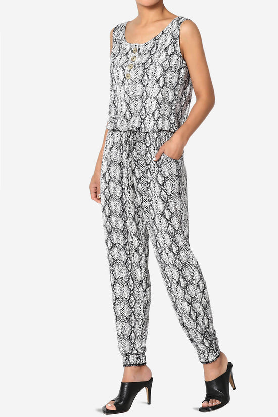 Snake Print Button Scoop Neck Tank Harem Jumpsuit