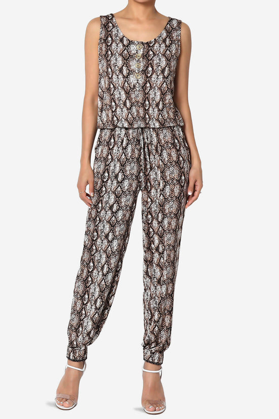 Snake Print Button Scoop Neck Tank Harem Jumpsuit