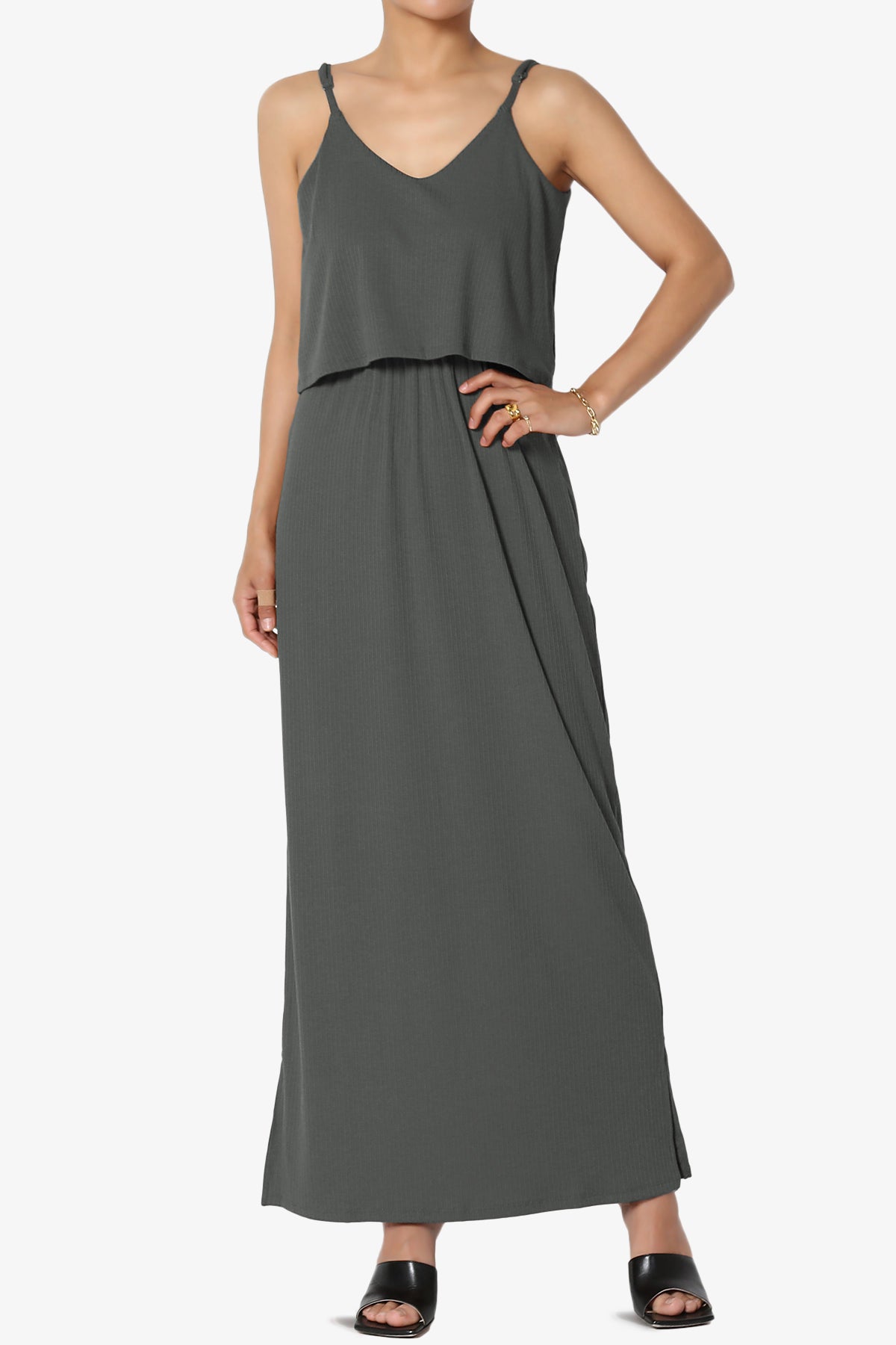 Elore Cami Overlay Ribbed Slit Maxi Dress ASH GREY_1