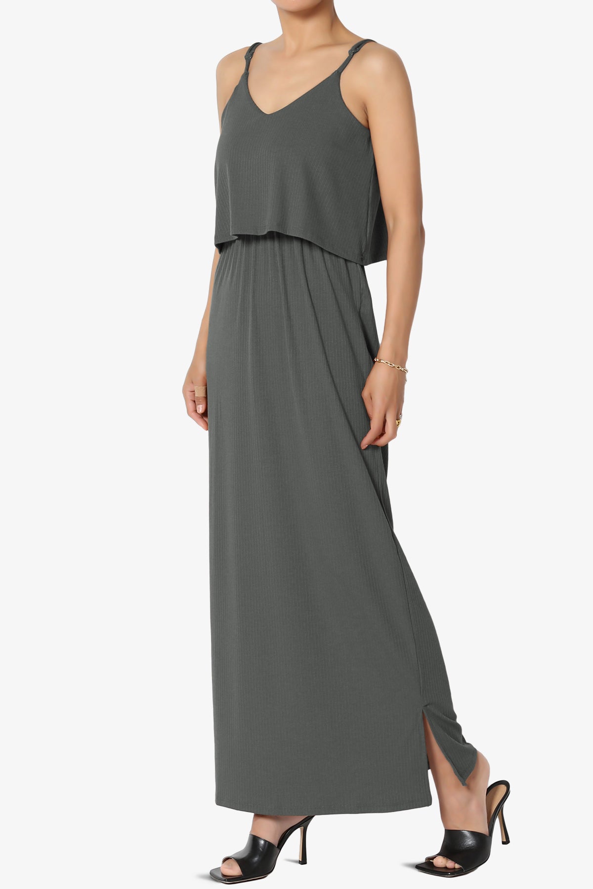 Elore Cami Overlay Ribbed Slit Maxi Dress ASH GREY_3