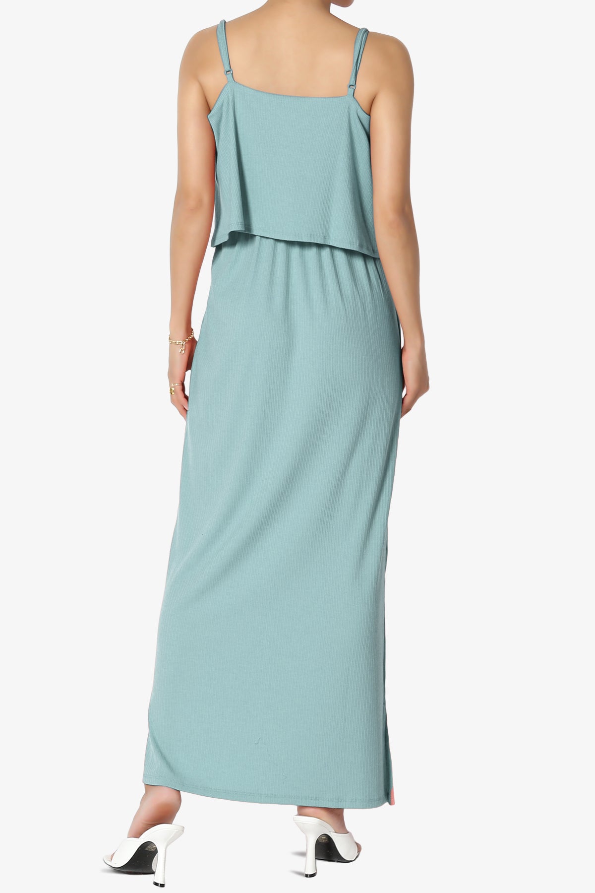 Elore Cami Overlay Ribbed Slit Maxi Dress DUSTY BLUE_2
