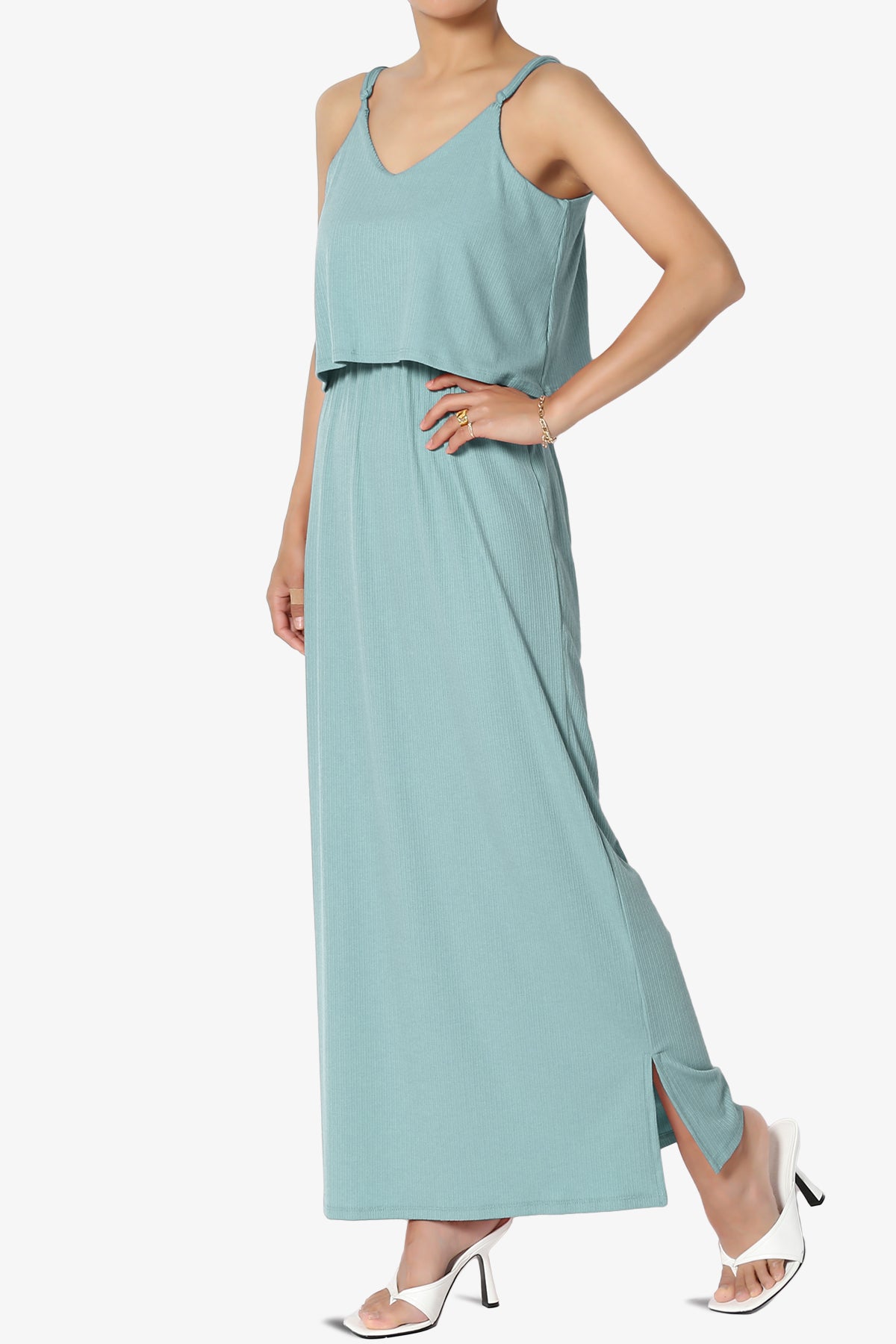 Elore Cami Overlay Ribbed Slit Maxi Dress DUSTY BLUE_3