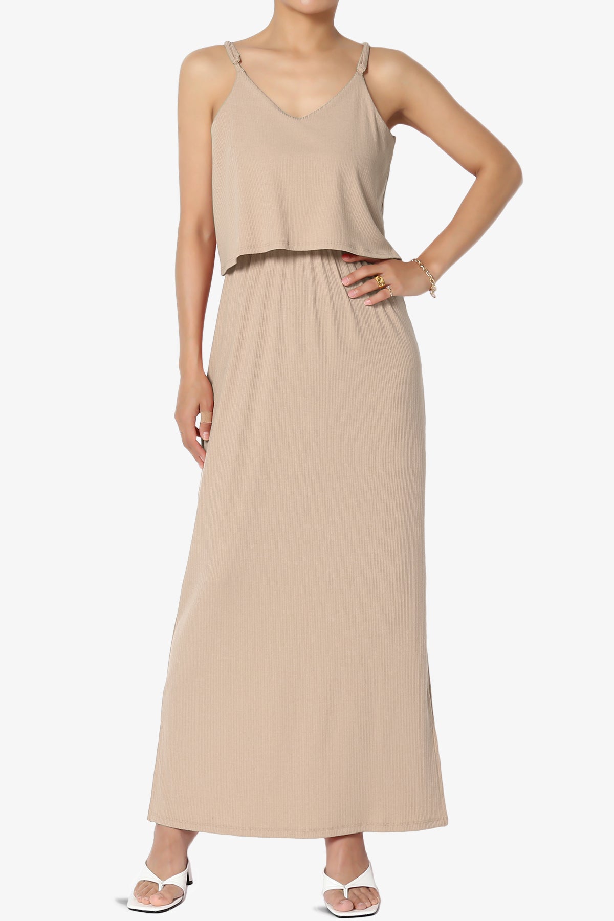 Elore Cami Overlay Ribbed Slit Maxi Dress LIGHT MOCHA_1